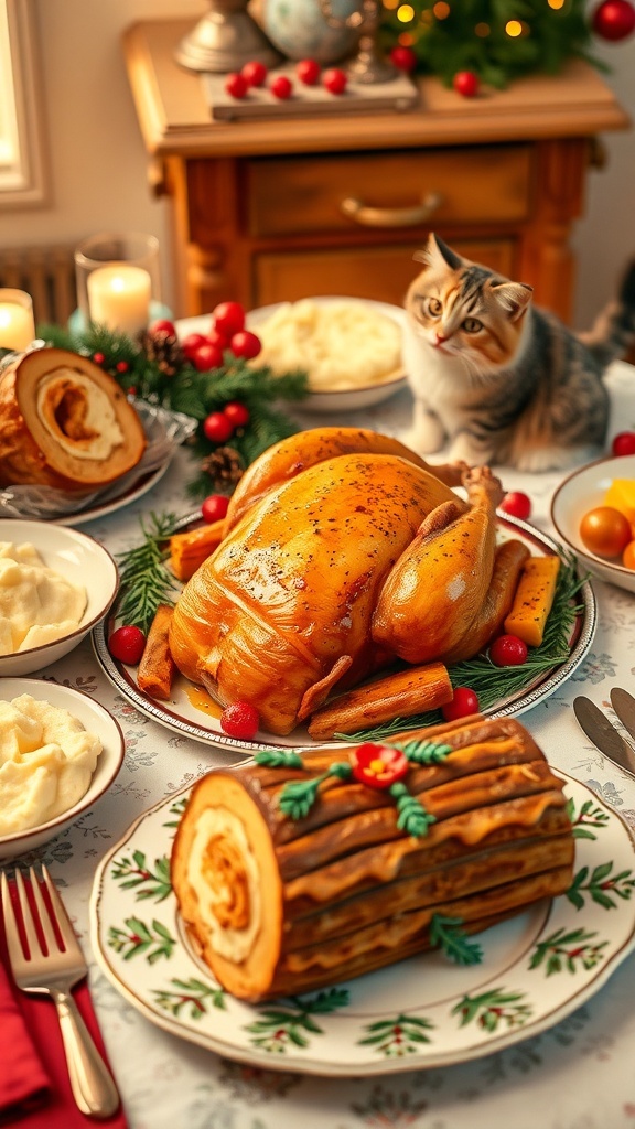 Christmas dinner table with roasted chicken, mashed potatoes, roasted vegetables, Yule log cake, and a cat.